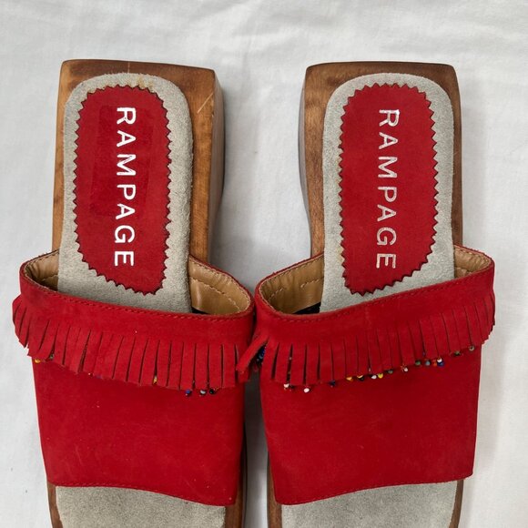 Rampage Womens y2k Red Suede Beaded Fringe Wood Clog Slide Sandals Size 7 - Picture 4 of 10